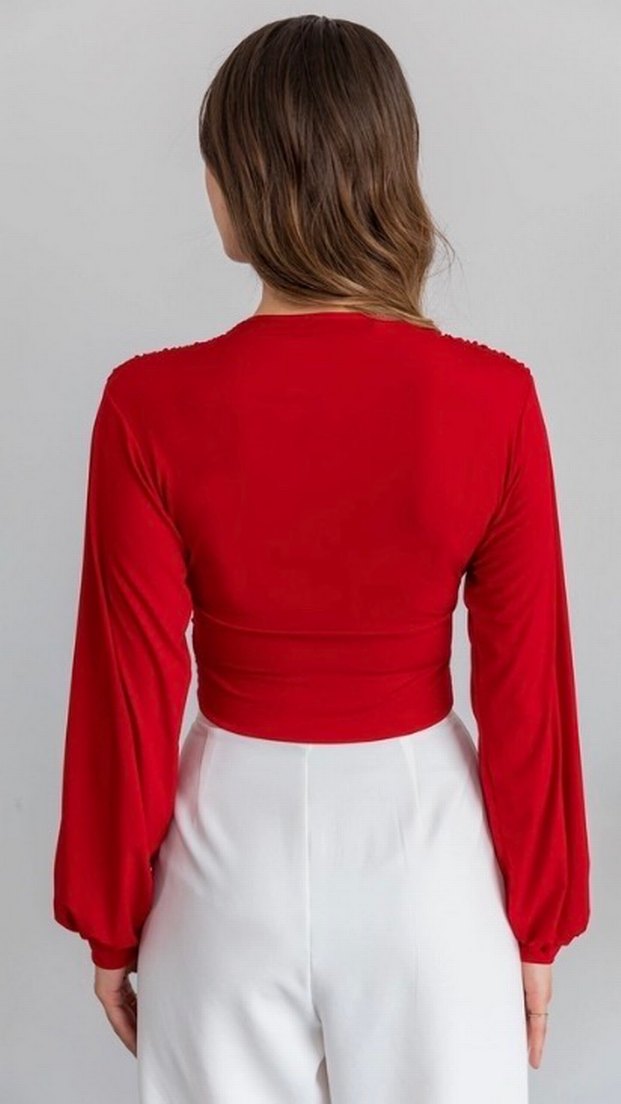 Kırmızı V Yaka Drapeli Kadın Bluz - Görsel 2