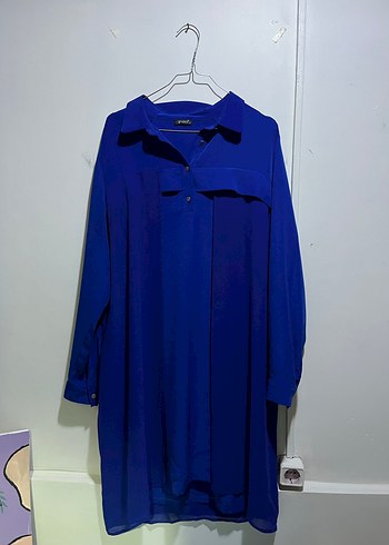 Mavi Saten Dokulu Gömlek - Görsel 2