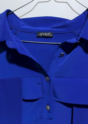 Mavi Saten Dokulu Gömlek - Görsel 3
