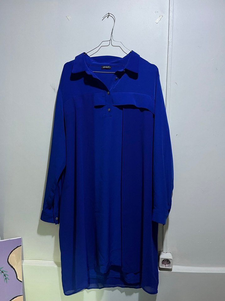 Mavi Saten Dokulu Gömlek - Görsel 2