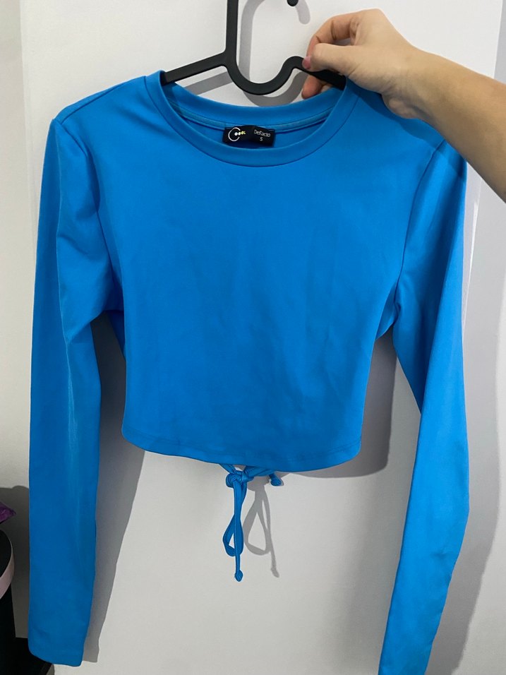 DEFACTO Mavi Uzun Kollu Crop Top - Görsel 2