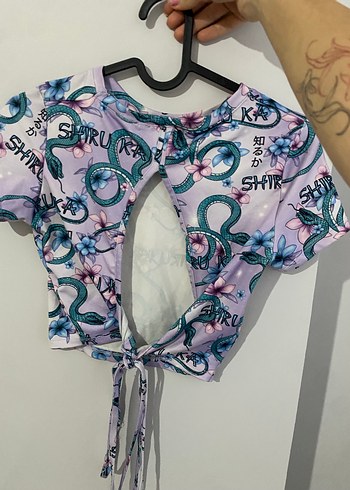 Mor Yılan Desenli Crop ve İspanyol paça likralı takım - Görsel 3