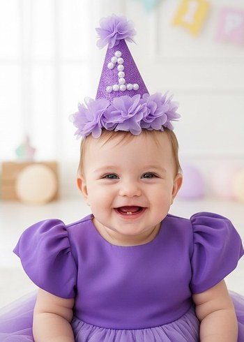 Mor 1 Yaş Parti Şapkası - Görsel 2