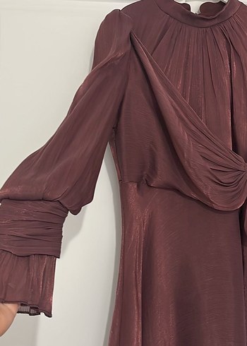 Bordo Uzun Drapeli Kadın Elbise - Görsel 3