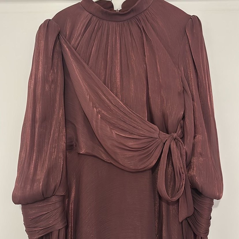 Bordo Uzun Drapeli Kadın Elbise - Görsel 4