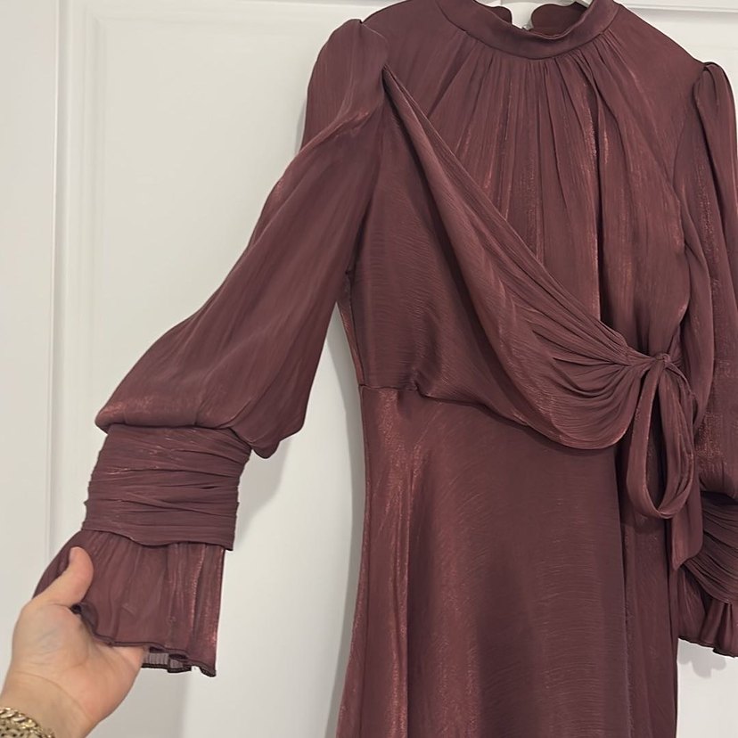 Bordo Uzun Drapeli Kadın Elbise - Görsel 3