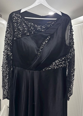 Siyah Uzun Kollu V Yaka Drapeli Abiye Elbise - Görsel 2