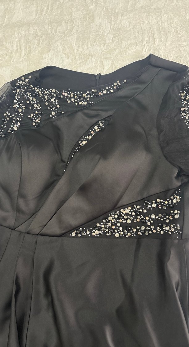 Siyah Uzun Kollu V Yaka Drapeli Abiye Elbise - Görsel 5