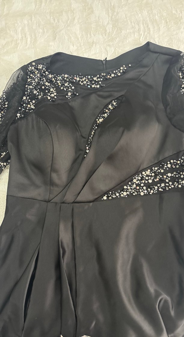 Siyah Uzun Kollu V Yaka Drapeli Abiye Elbise - Görsel 4