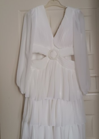 Beyaz Pilili V Yaka Midi Abiye Elbise - Görsel 2