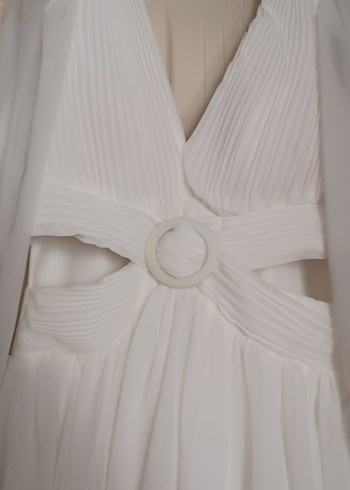 Beyaz Pilili V Yaka Midi Abiye Elbise - Görsel 3