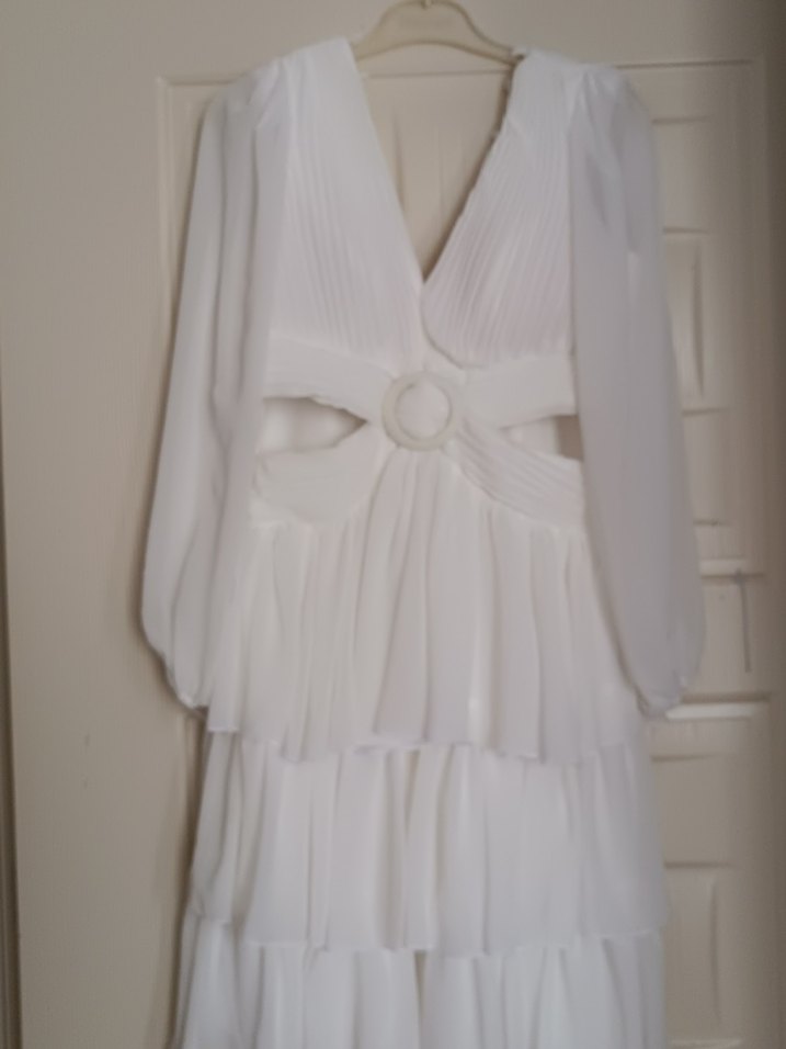 Beyaz Pilili V Yaka Midi Abiye Elbise - Görsel 2