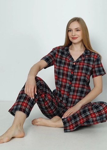 Kırmızı Ekose Desenli Rahat Kadın Pijama Takımı - Görsel 2