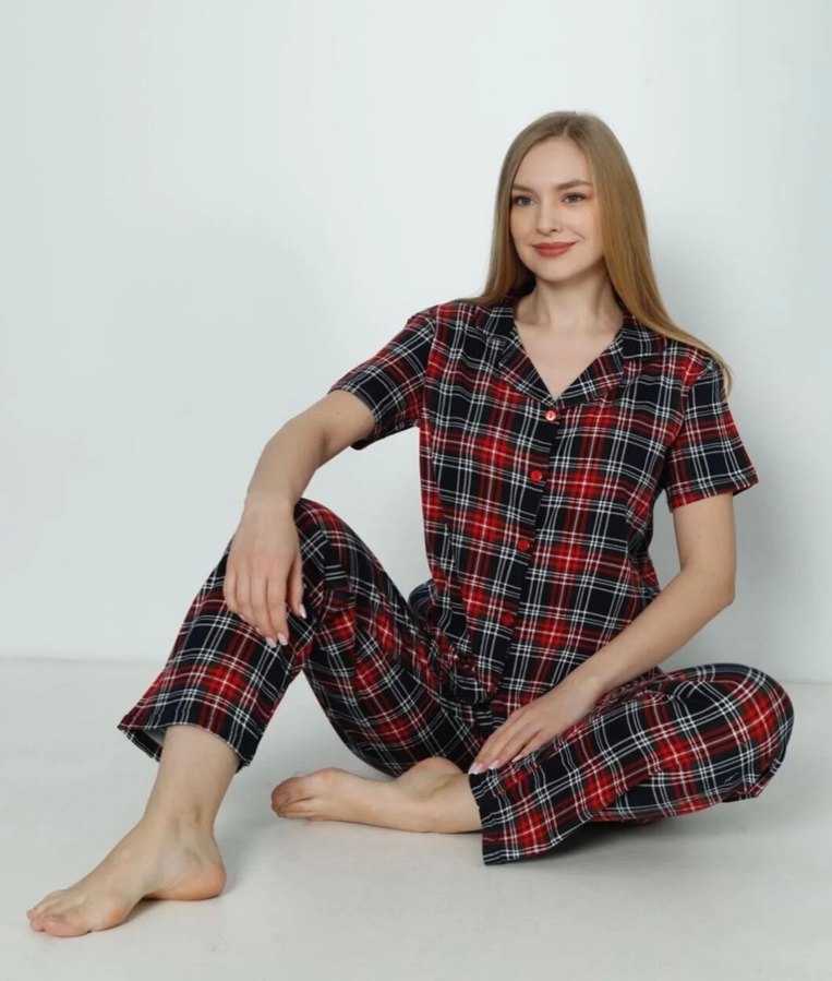 Kırmızı Ekose Desenli Rahat Kadın Pijama Takımı - Görsel 2