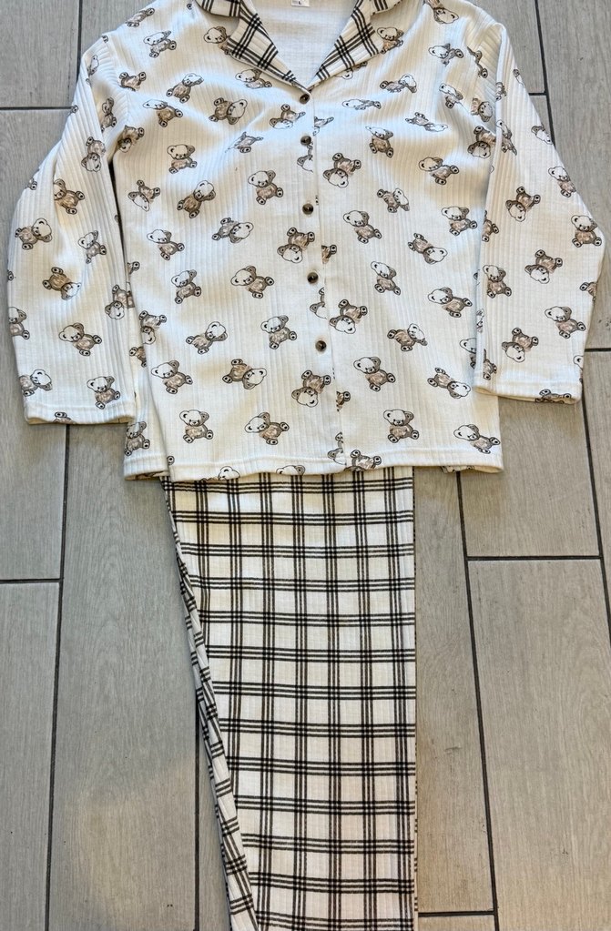 Kadın Ekoseli ve Ayıcık Desenli Rahat Pijama Takımı - Görsel 5