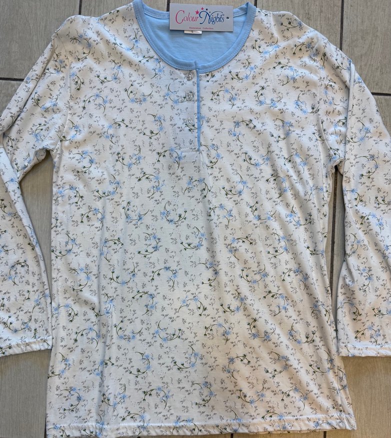 Mavi Çiçek Desenli Uzun Kollu Kadın Pijama Takımı - Görsel 2