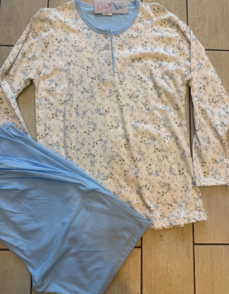 Mavi Çiçek Desenli Uzun Kollu Kadın Pijama Takımı - Görsel 4