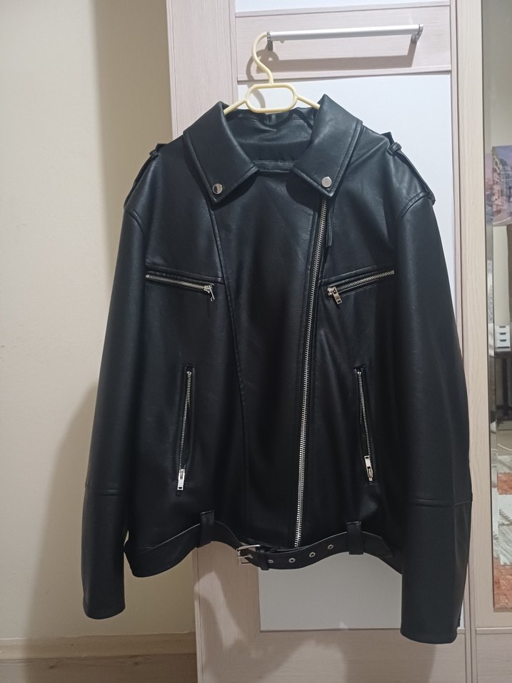 Kadın Siyah Deri Biker Ceket - Görsel 3