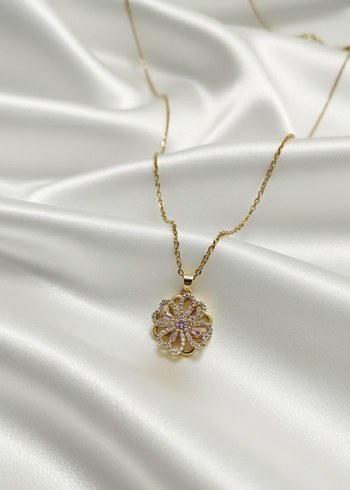 Altın Renkli Çiçek Desenli stres carkı çelik Kolye - Görsel 2