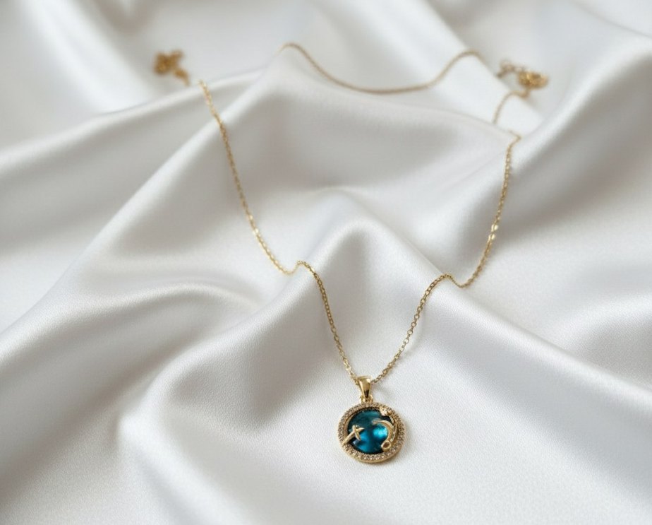 Turkuaz Taşlı Zincir Detaylı çelik Kolye - Görsel 2