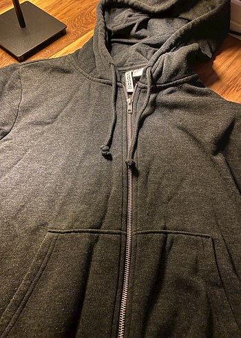 Gri Kapüşonlu Fermuarlı  Sweatshirt - Görsel 2