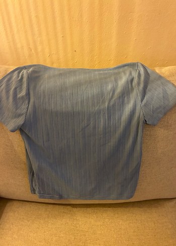 Buz mavisi jarse Kısa Kollu Kare yaka crop bluz - Görsel 3