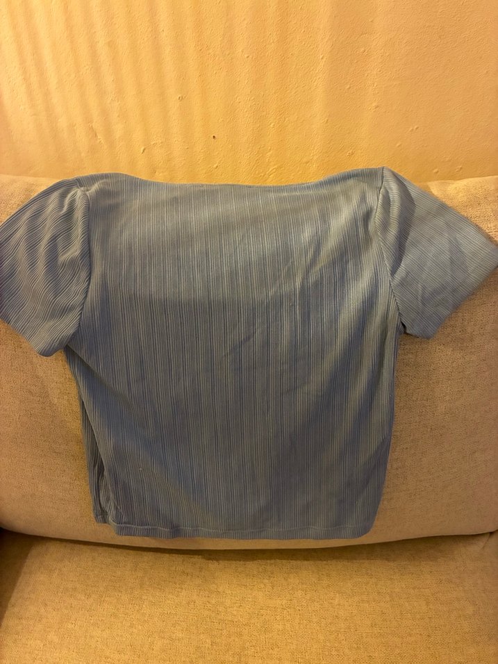 Buz mavisi jarse Kısa Kollu Kare yaka crop bluz - Görsel 3