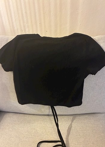 Siyah Kısa Kollu Crop Top Bağlama detaylı - Görsel 3