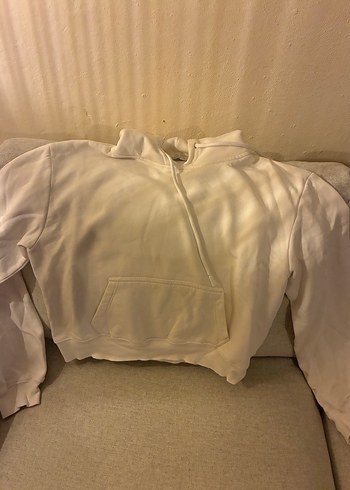 Kadın Beyaz Kapüşonlu Sweatshirt CROP - Görsel 3