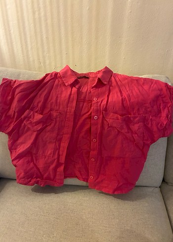 Pembe Kısa Kollu Ketenimsi Gömlek - Görsel 3