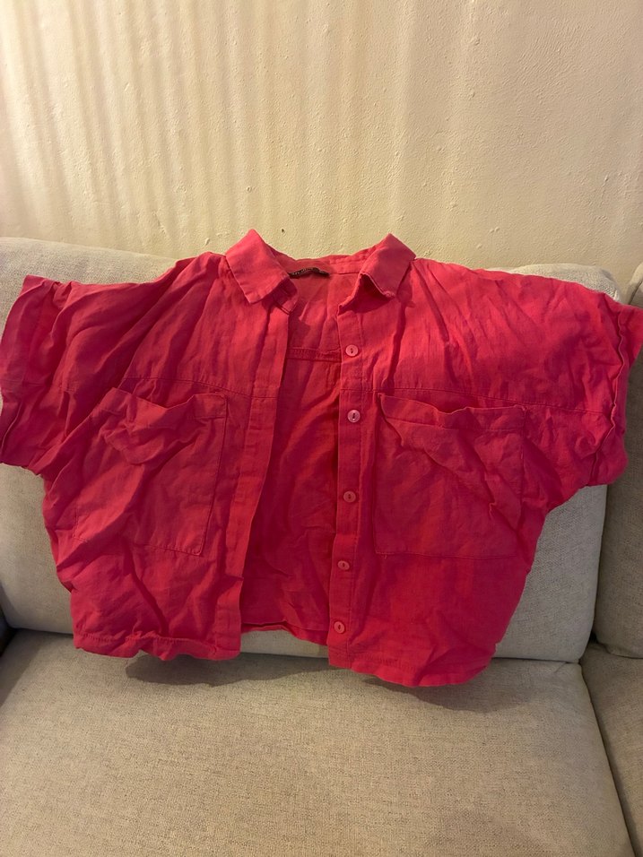 Pembe Kısa Kollu Ketenimsi Gömlek - Görsel 3