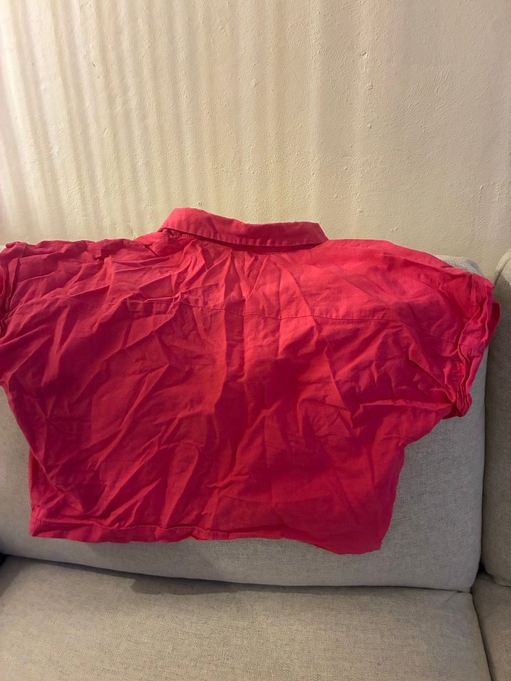 Pembe Kısa Kollu Ketenimsi Gömlek - Görsel 4