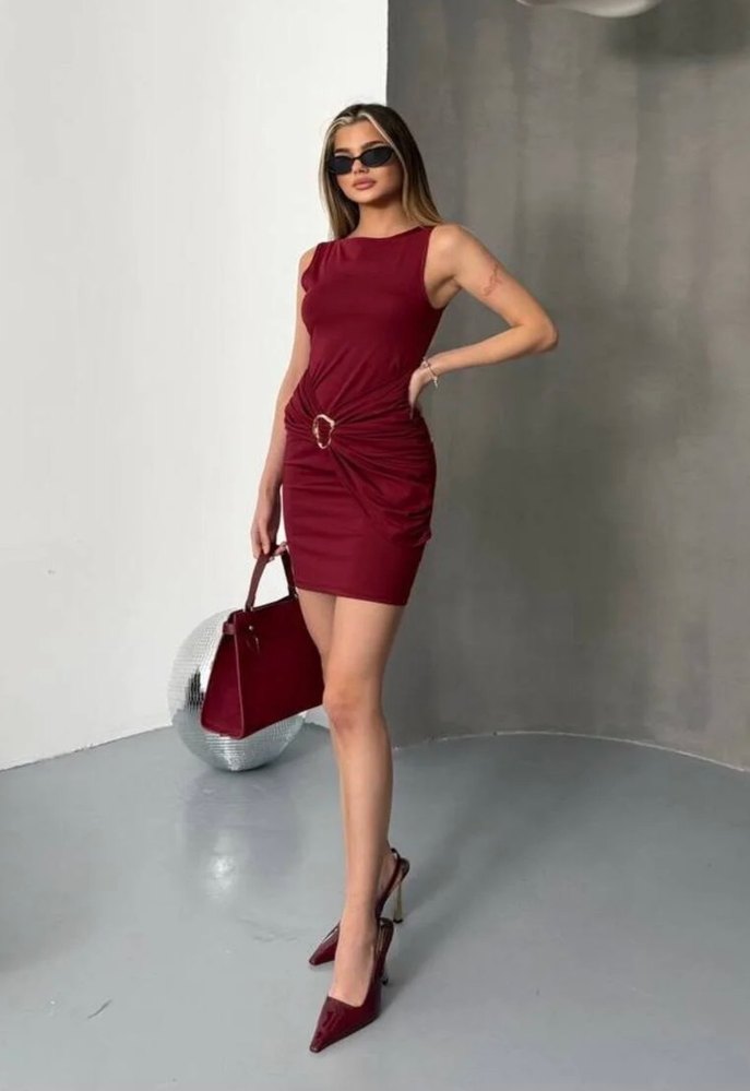 tokalı drapeli bordo Mini Elbise - Görsel 2