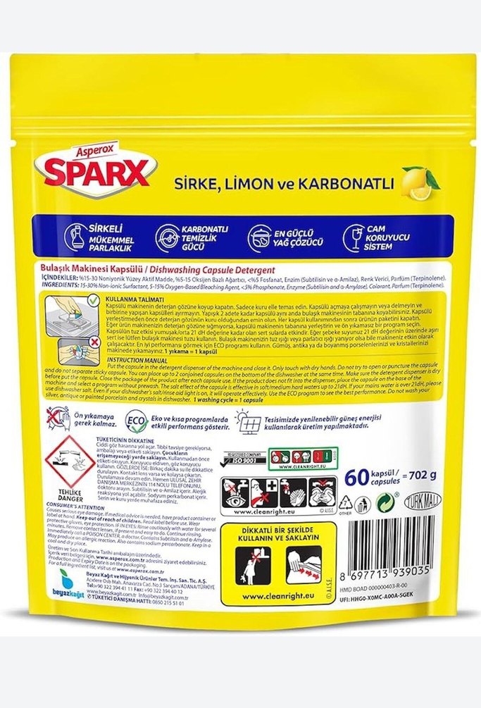 Asperox Sparx Limonlu Bulaşık Makinesi Kapsülü 60'lı - Görsel 2