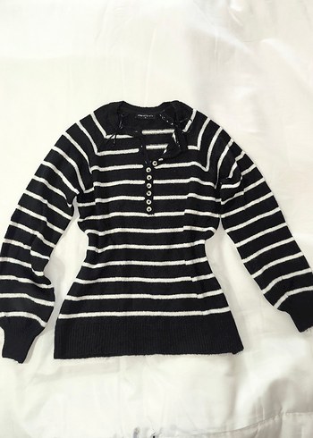 Çizgili Düğmeli Kadın Triko Kazak - Görsel 4