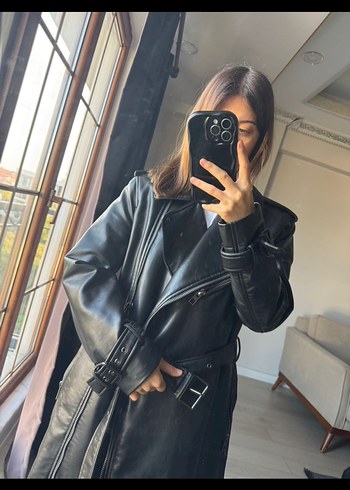Kadın Siyah Deri Kemerli Ceket - Görsel 3