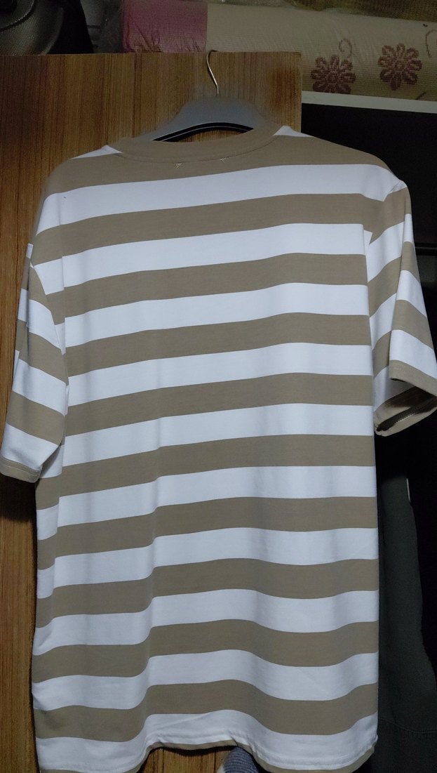 Bej Beyaz Çizgili Erkek Tişört - Görsel 2