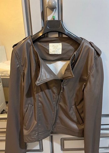 Kahverengi Deri Kadın Biker Ceket - Görsel 2