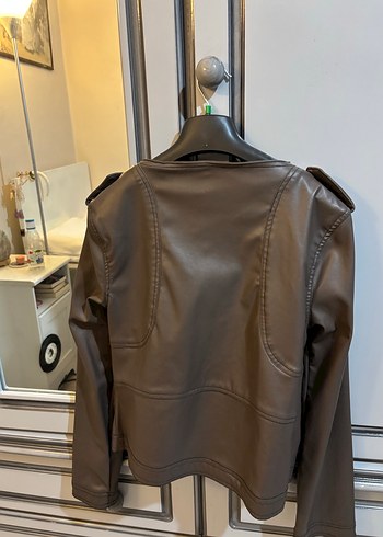 Kahverengi Deri Kadın Biker Ceket - Görsel 4