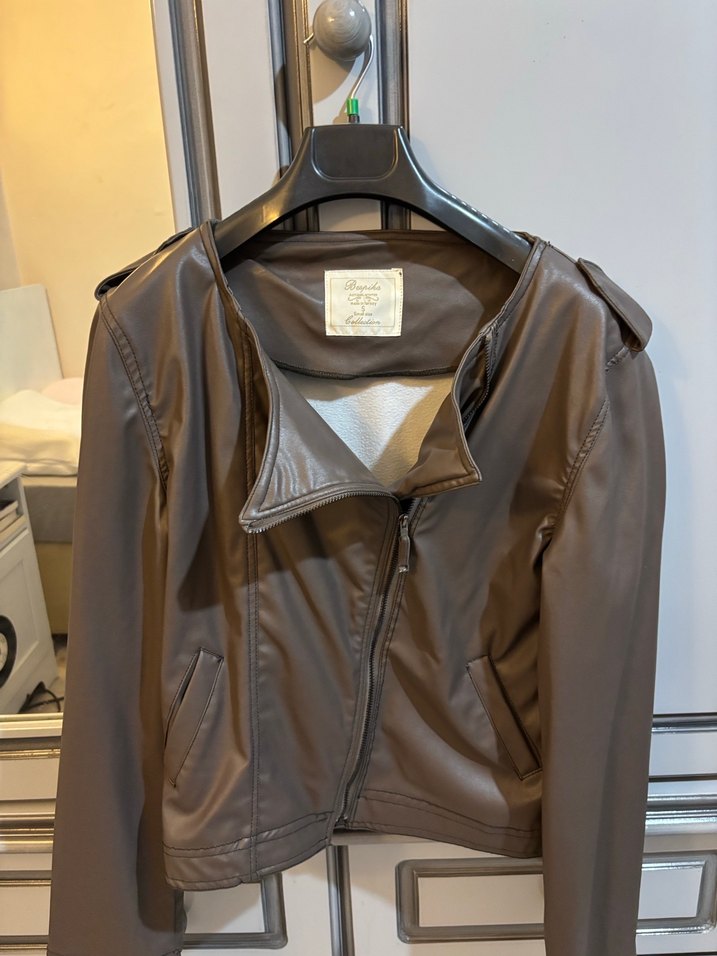Kahverengi Deri Kadın Biker Ceket - Görsel 2