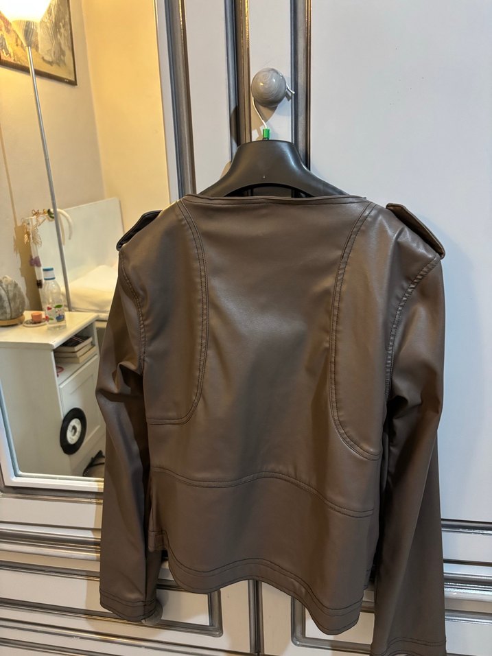 Kahverengi Deri Kadın Biker Ceket - Görsel 4