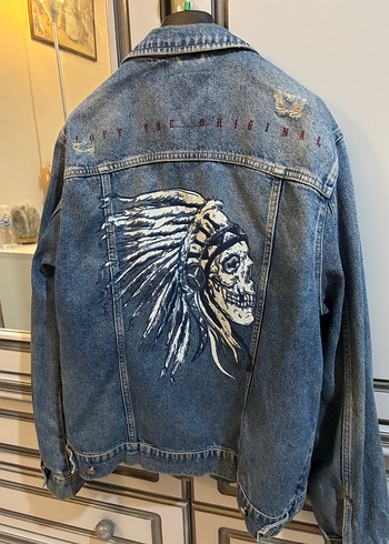 Erkek Vintage Mavi Baskılı Denim Ceket - Görsel 6