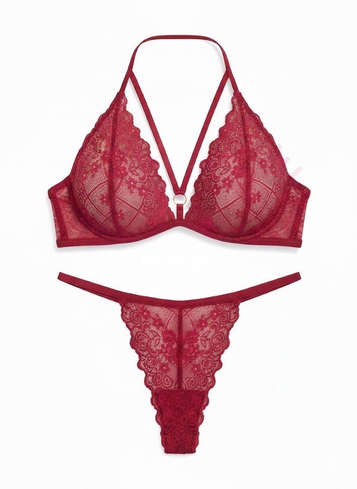 Bordo Çiçek Desenli Bohem Dantel Sütyen - Görsel 3