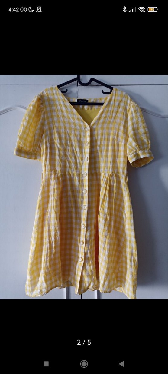 LC Waikiki sarı ekoseli Midi Elbise, V Yaka - Görsel 2