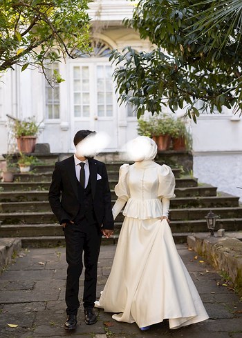 Uzun Kollu Midi Beyaz Söz/ Nişan  Elbisesi - Görsel 3