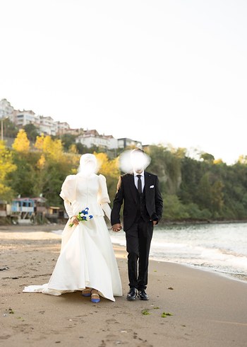 Uzun Kollu Midi Beyaz Söz/ Nişan  Elbisesi - Görsel 6