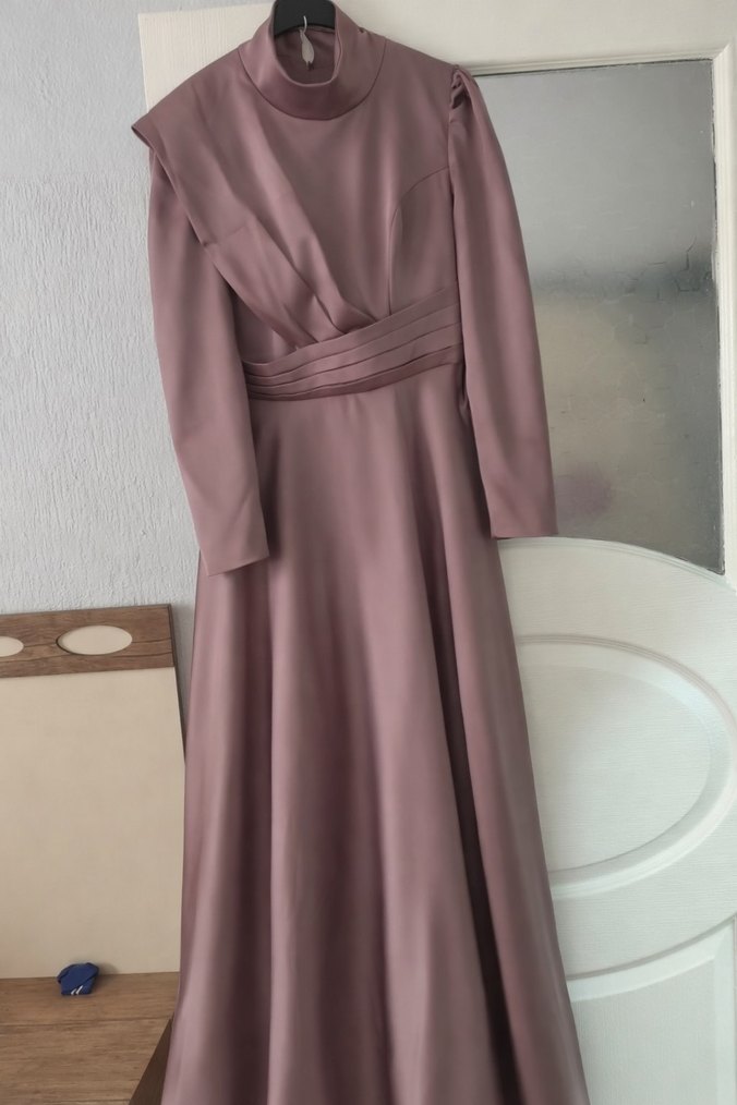 Kadın Uzun Bej Drapeli Elbise 42 beden - Görsel 2