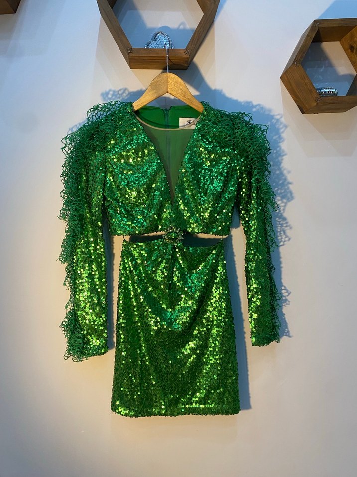 Parlak Yeşil Pul İşlemeli Uzun Abiye Elbise - Görsel 2