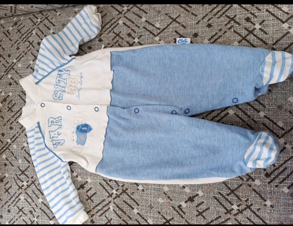 Mavi Çizgili Bebek Tulum, Düğmeli, Uzun Kollu - Görsel 2