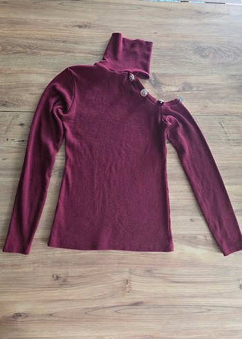 Düğmeli Bordo Kadın Boğazlı Bady - Görsel 2